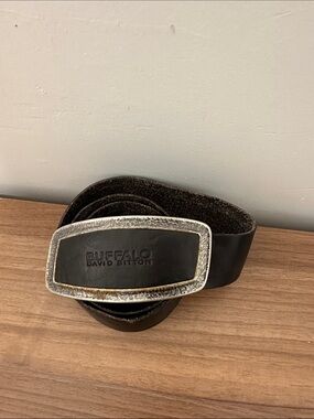 Buffalo David Bitton Black Leather Belt with Distressed Silver Buckle